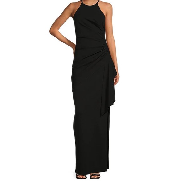 Badgley Mishka Black Halter, Ruched Side Slit Evening Gown - Picture 1 of 13